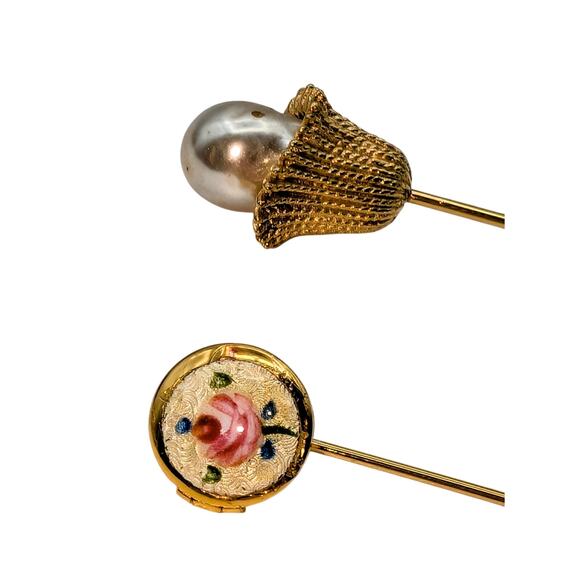 Lot of Two Vintage Gold Tone Stick Pins One Faux Pearl & One Enamel Rose Locket - Picture 2 of 8